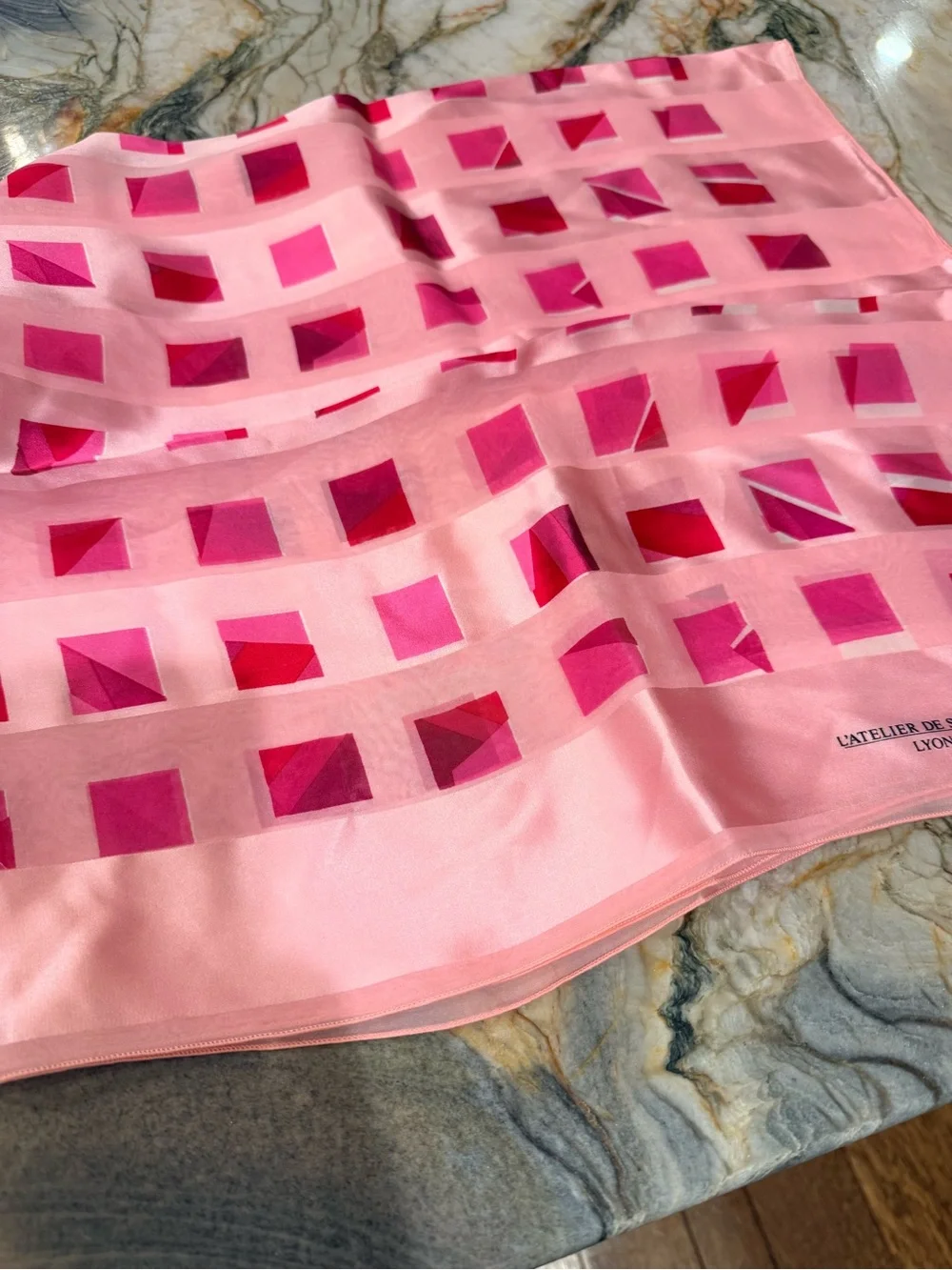 French Silk Scarf Brochier Soieries L’Atelier de Soierie Lyon Pink Geometric